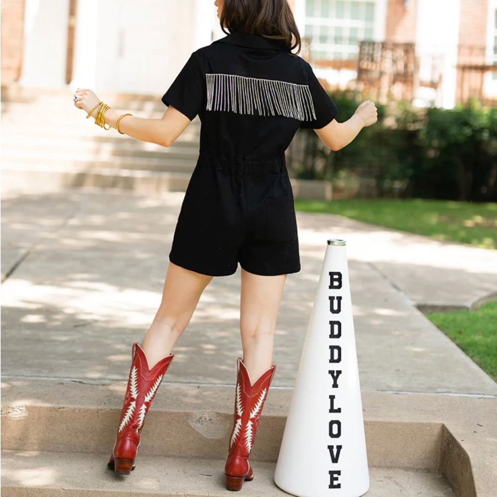 Buddy love JESSIE CRYSTAL FRINGE ROMPER -
BLACK shorts size small black. NWT